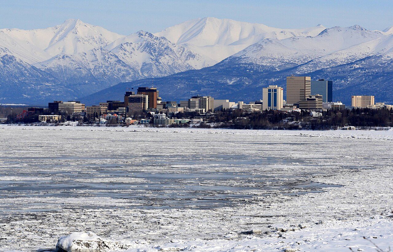 Anchorage with the Chugach Mountains behind the city