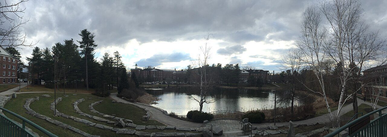 Panorama of Lake Andrews, the small pond students call the Puddle, on the Bates campus