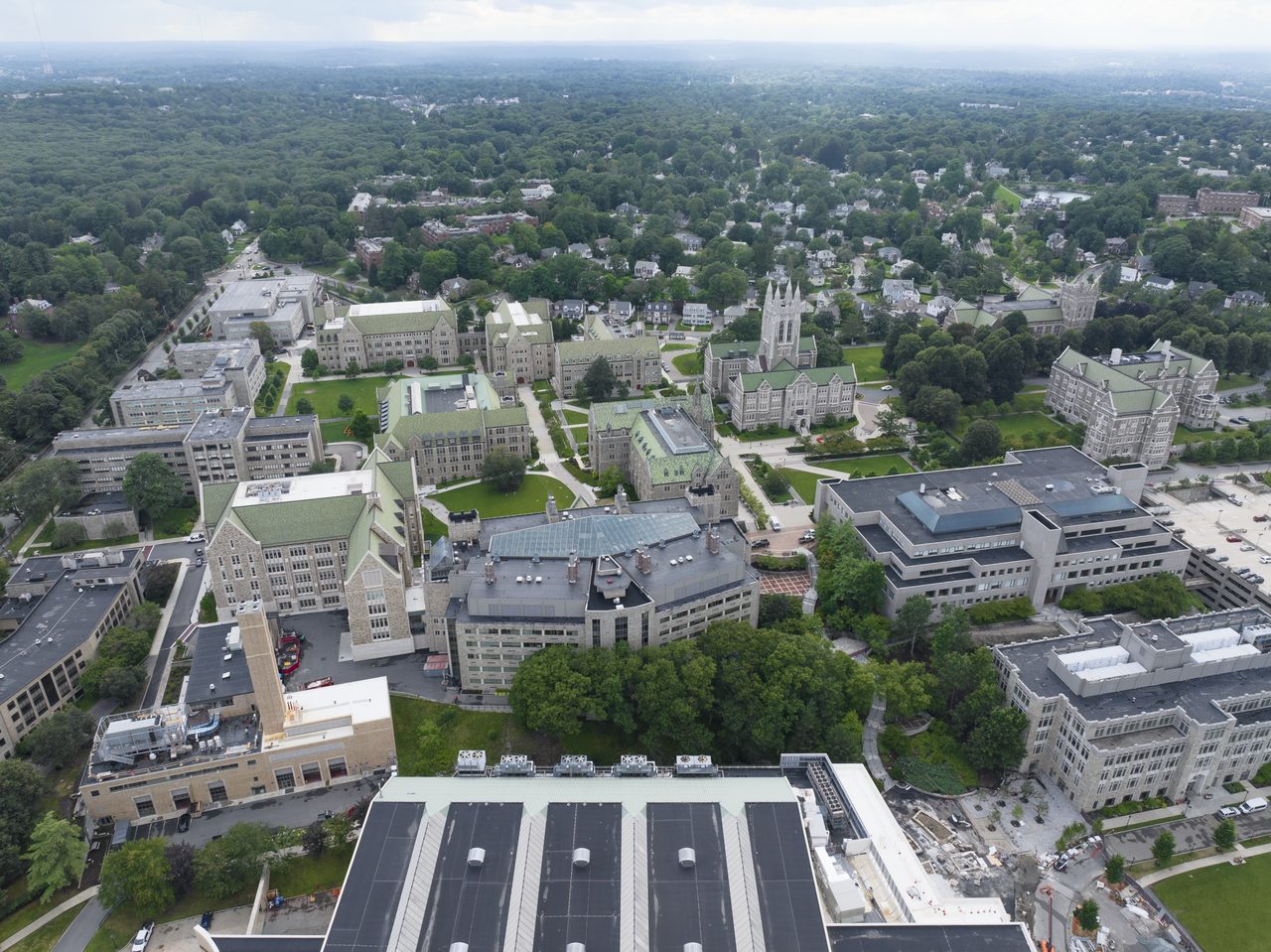 Aerial view of the Boston College campus in Chestnut Hill