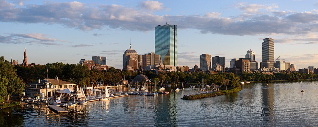 Panorama of the Back Bay skyline of Boston from the Longfellow Bridge