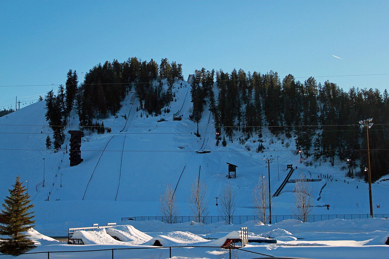 Howelsen Hill ski area and ski jumps above downtown Steamboat Springs, Colorado