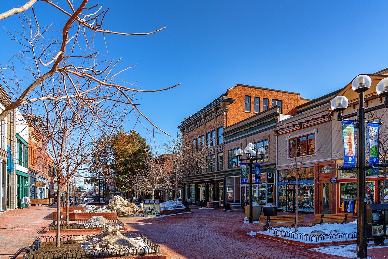 Pearl Street pedestrian mall in downtown Boulder in winter