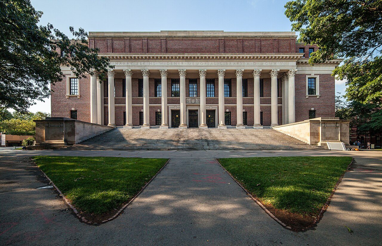 Widener Library's columned facade and front steps in Harvard Yard