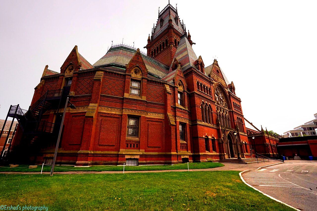 Memorial Hall's Victorian Gothic brick facade and tower on the Harvard campus