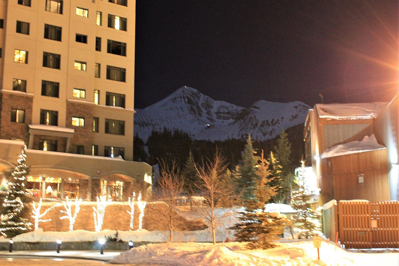 Lone Peak above the Big Sky Resort base in winter