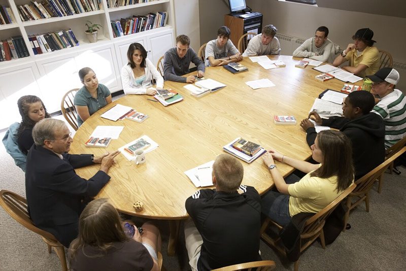 Saint Michael's College students gathered in a classroom for First Year Seminar