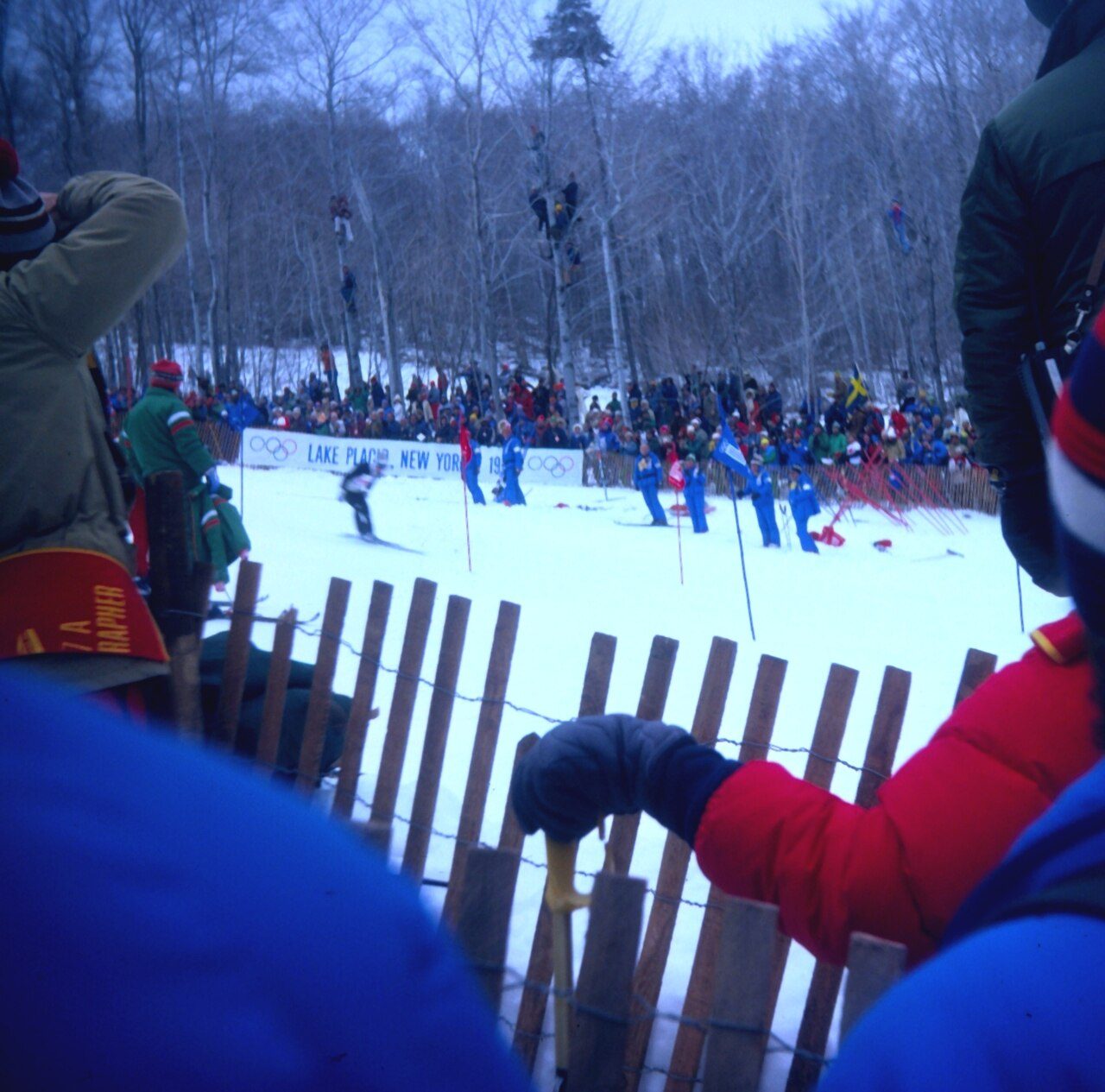 A downhill racer on course at Whiteface during the 1980 Winter Olympics