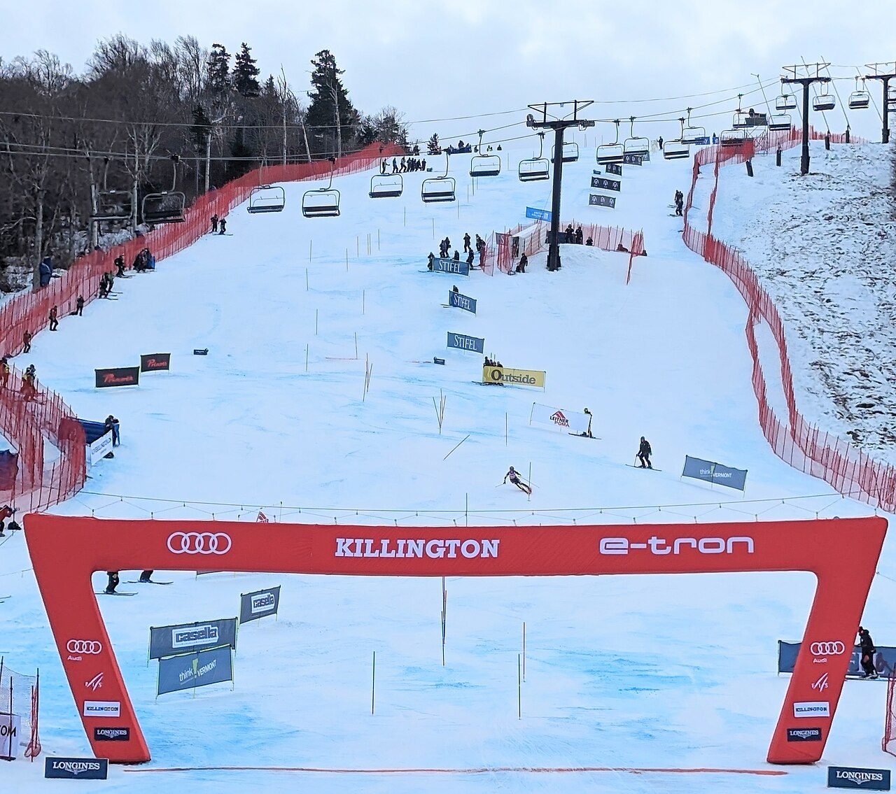 A slalom racer on the Superstar trail at Killington Resort during the World Cup