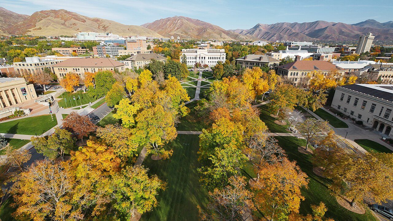 Buildings along Presidents Circle on the University of Utah campus in autumn