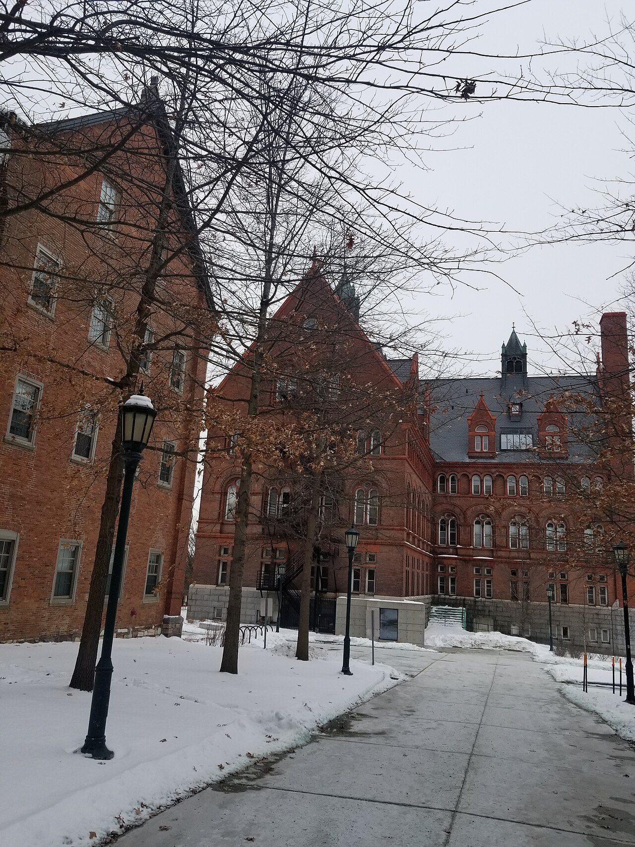 Snow-covered walking paths on the University of Vermont campus in winter