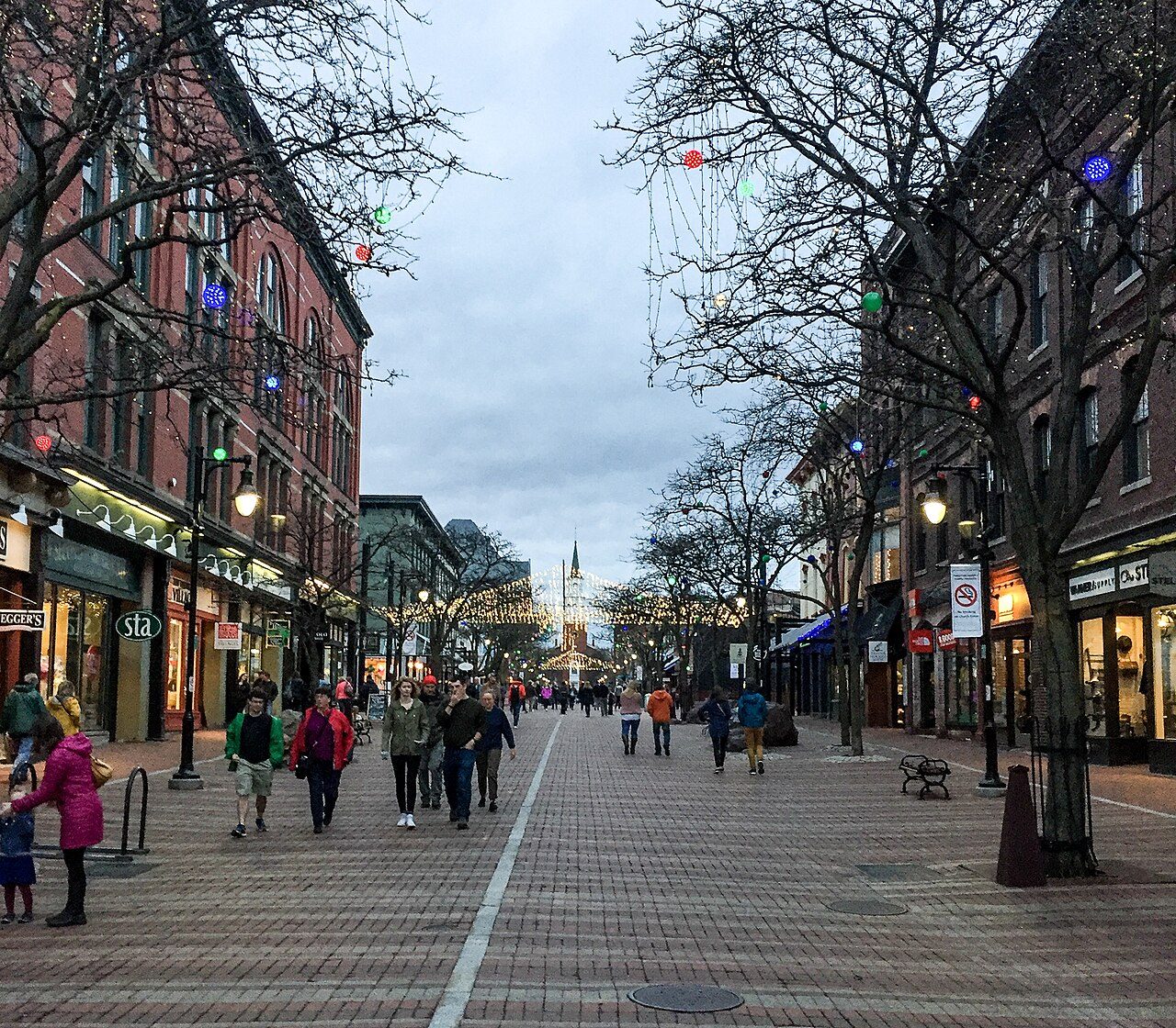 Church Street Marketplace pedestrian street in downtown Burlington at dusk