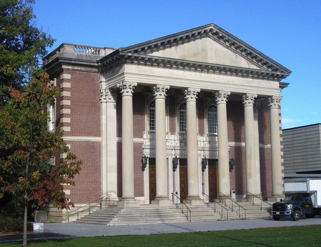 Chapin Hall, the columned 1912 auditorium building at Williams College