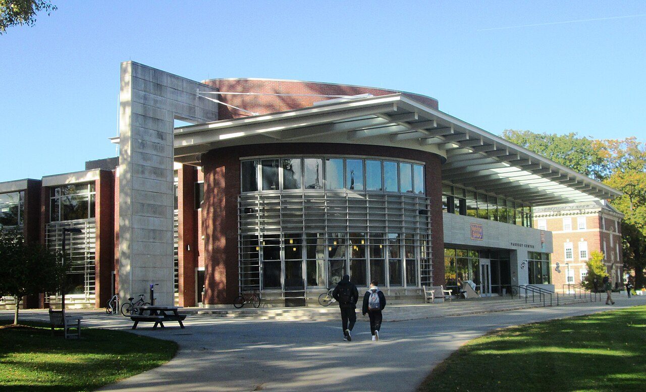 The glass-fronted Paresky Center, the Williams student center, from the lawn